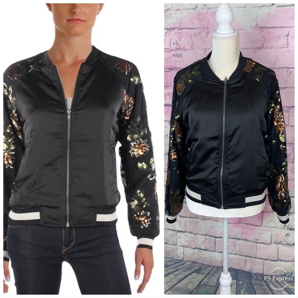 Jessica Simpson teddy sequin bomber jacket Black M